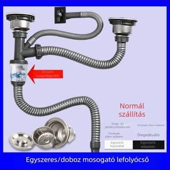 Műanyag konyhai mosogatólefolyó-készlet — S-alakú görbület, húzó típus, kompatibilis egy- vagy kétsz slotos csatlakozáshoz, modern minimalist stílus