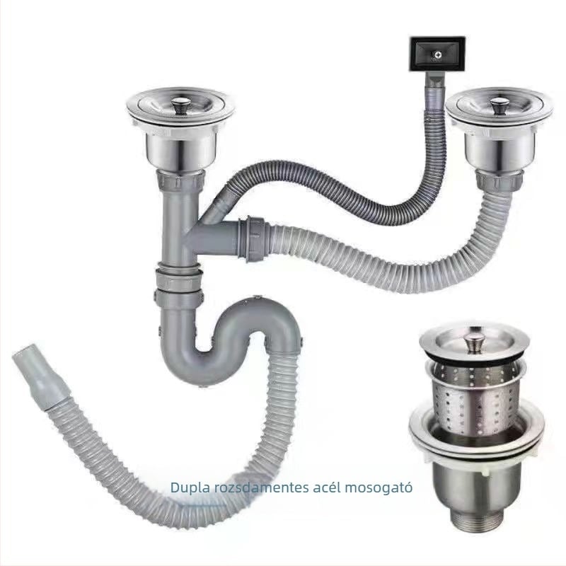 Műanyag konyhai mosogatólefolyó-készlet — S-alakú görbület, húzó típus, kompatibilis egy- vagy kétsz slotos csatlakozáshoz, modern minimalist stílus