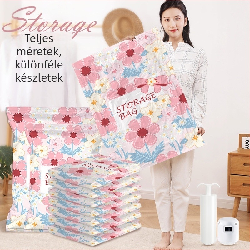 Vákuumos tömörítő tasak, vastagított verzió, PET+PE anyag, szívó típus, pumpa nélkül, ruhákhoz és paplanokhoz