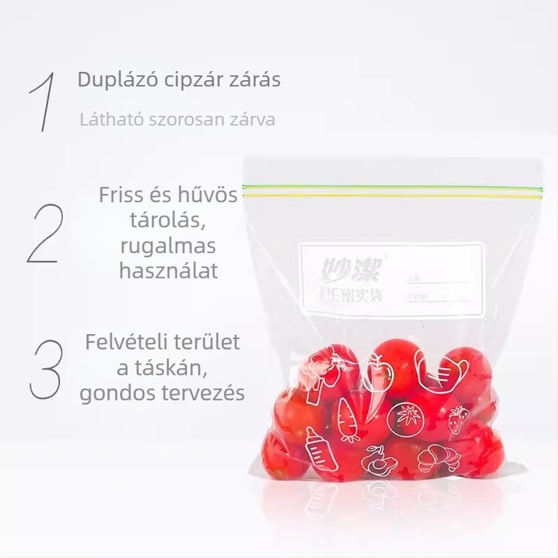 Miaojie PE önzáró hűtőtasakok – hús, gyümölcs és nasik tárolására, mikrohullámú sütőben is használható