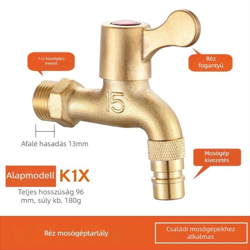 Réz anyagú mosógép csaptele, egyetlen hideg modell, spirálos szerelés, 2–90°C üzemhőmérséklet