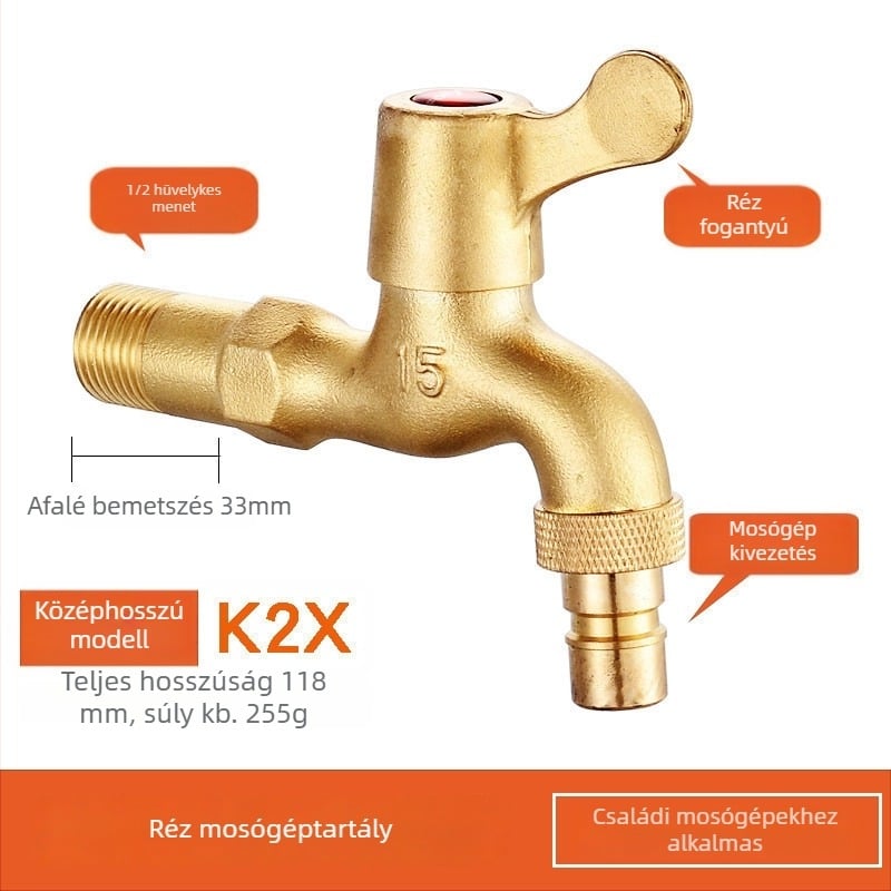Réz anyagú mosógép csaptele, egyetlen hideg modell, spirálos szerelés, 2–90°C üzemhőmérséklet