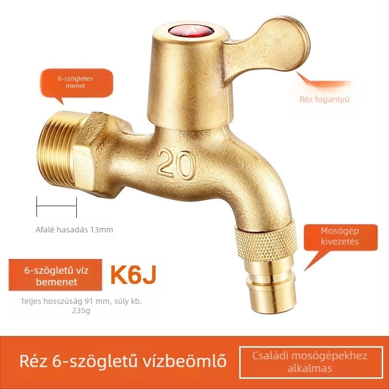 Réz anyagú mosógép csaptele, egyetlen hideg modell, spirálos szerelés, 2–90°C üzemhőmérséklet