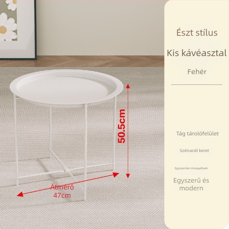 Kerek alakú, fém keretű kávéasztal, modern minimalista dizájn, összecsukható, nappaliba és hálószobába.