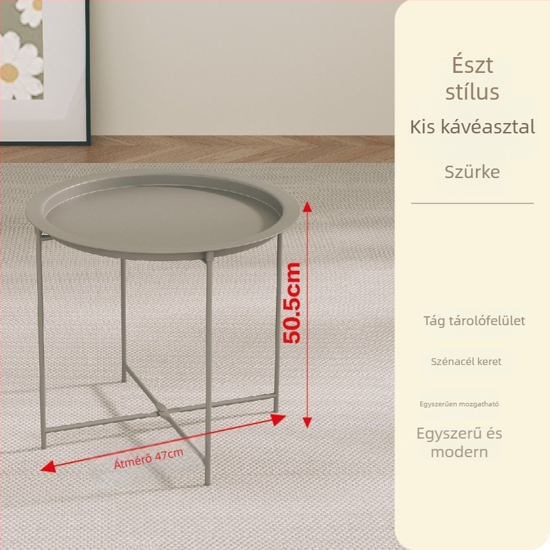 Kerek alakú, fém keretű kávéasztal, modern minimalista dizájn, összecsukható, nappaliba és hálószobába.
