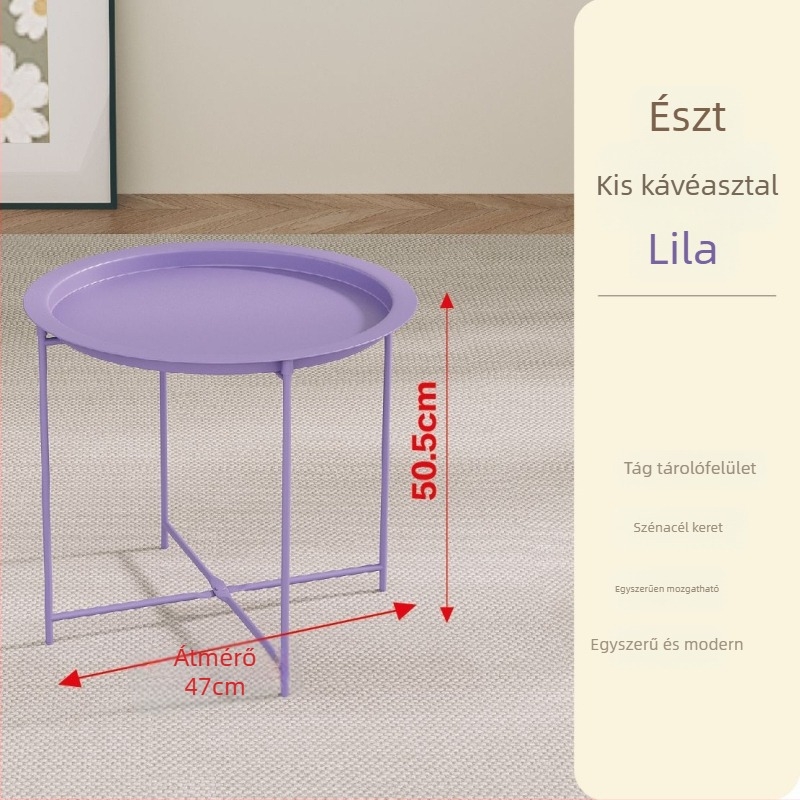 Kerek alakú, fém keretű kávéasztal, modern minimalista dizájn, összecsukható, nappaliba és hálószobába.