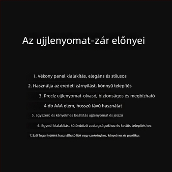 Ujjlenyomat-olvasós zár szekrényekhez és fiókokhoz — 100000 nyitás, olvasási idő <3 s, hamis felismerés <0,01%, DC tápegység, működési hőmérséklet 30°C