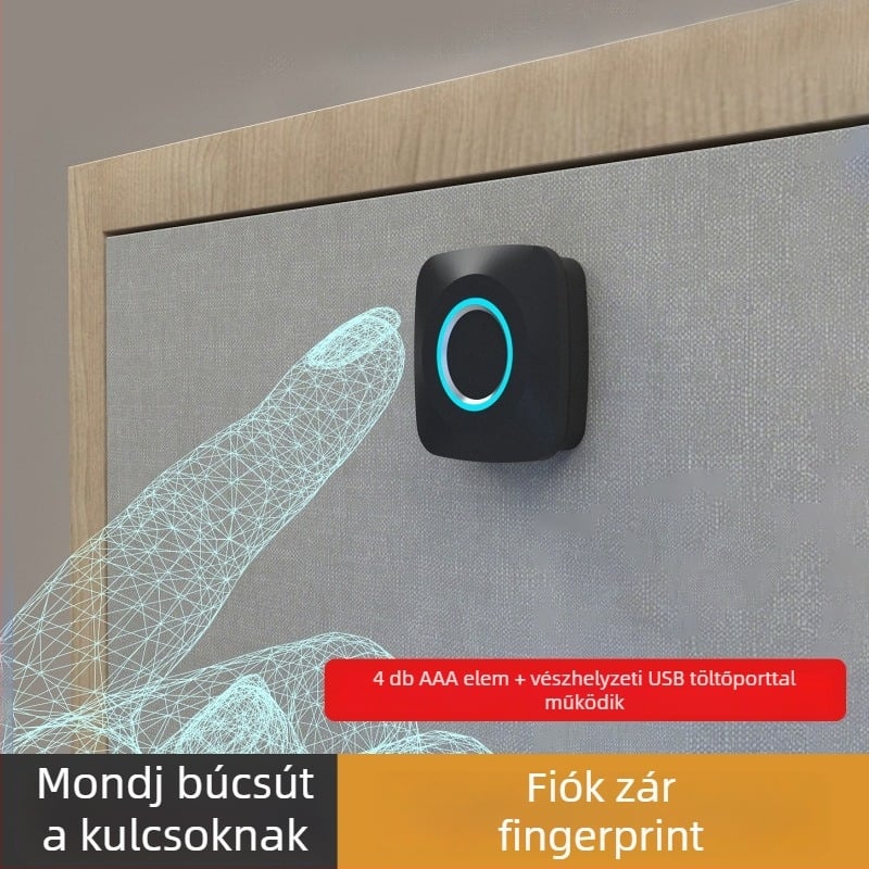 Ujjlenyomat-olvasós zár szekrényekhez és fiókokhoz — 100000 nyitás, olvasási idő <3 s, hamis felismerés <0,01%, DC tápegység, működési hőmérséklet 30°C