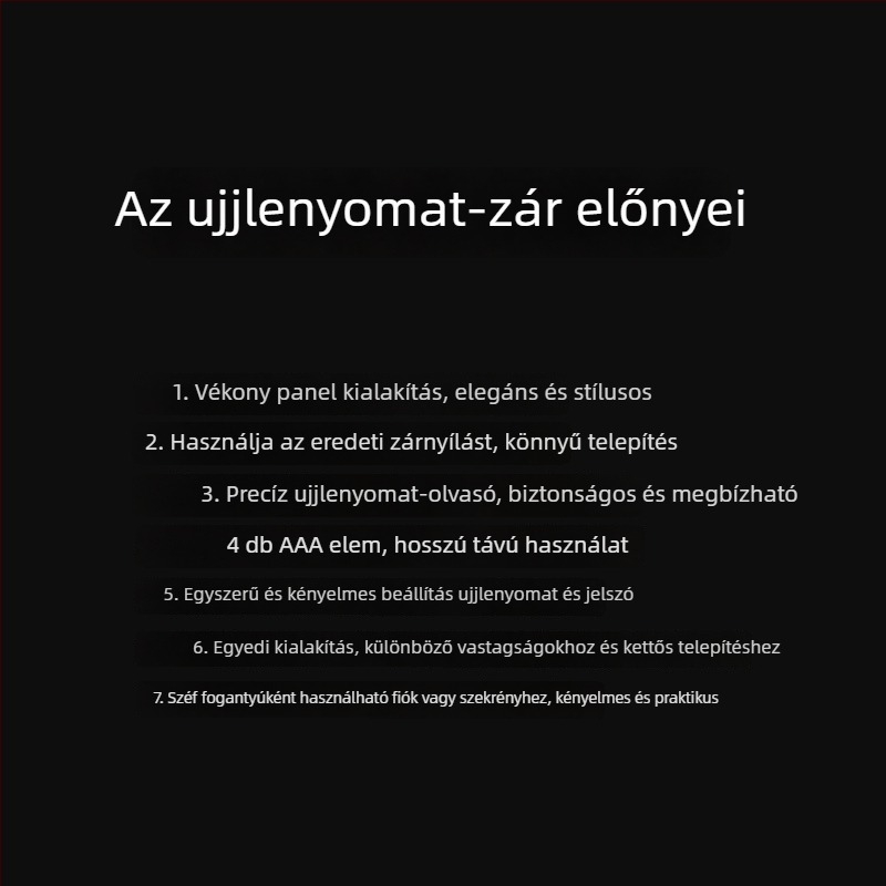 Ujjlenyomat-olvasós zár szekrényekhez és fiókokhoz — 100000 nyitás, olvasási idő <3 s, hamis felismerés <0,01%, DC tápegység, működési hőmérséklet 30°C