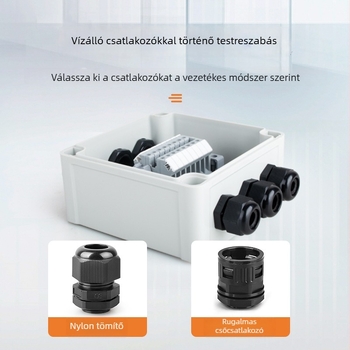 Intete kültéri vízálló műanyag csatlakozó doboz terminálokkal, 1 bemenet / 2 kimenet, tömített