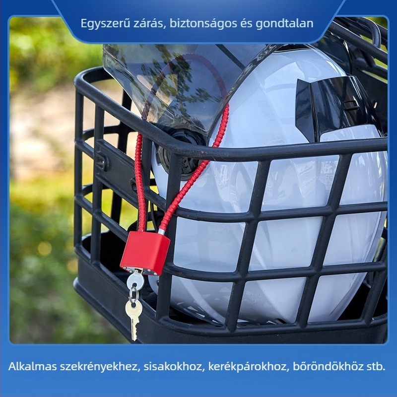 Drótzár cink‑ötvözet testtel és acélhuzalos kábellel sisakokhoz, szekrényekhez és ajtófogantyúkhoz