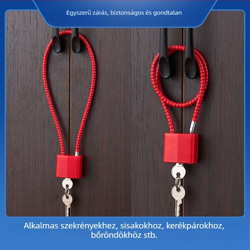 Drótzár cink‑ötvözet testtel és acélhuzalos kábellel sisakokhoz, szekrényekhez és ajtófogantyúkhoz