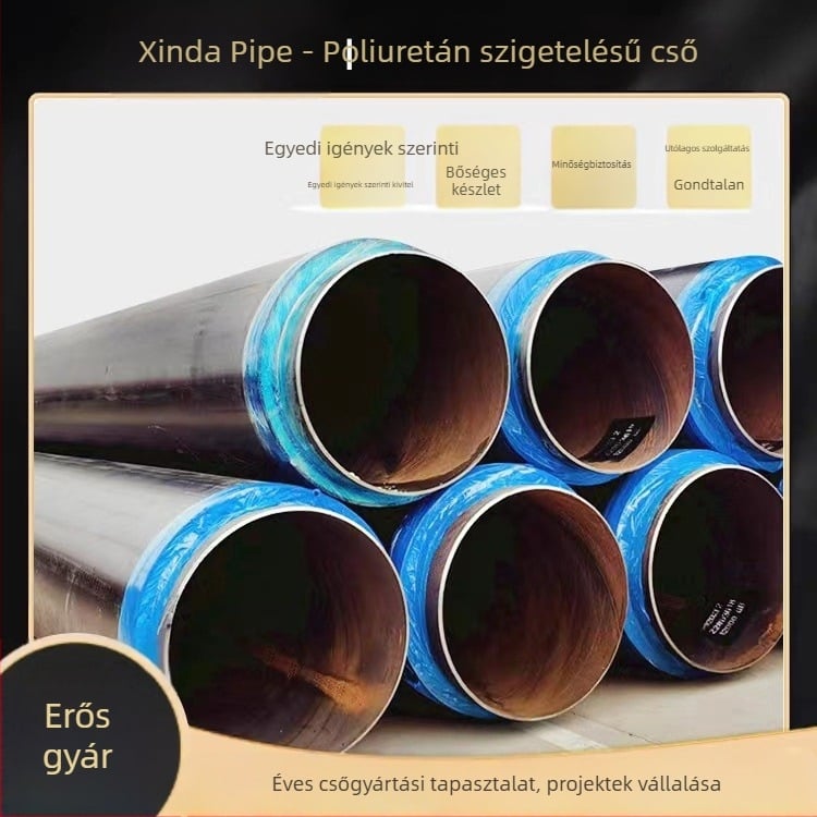 Poliuretán szigetelt acélcső acélmaggal; üzemeltetési hőmérséklet -60–140°C; hővezetési tényező 0,033 W/mK; nyomószilárdság ≥0,38