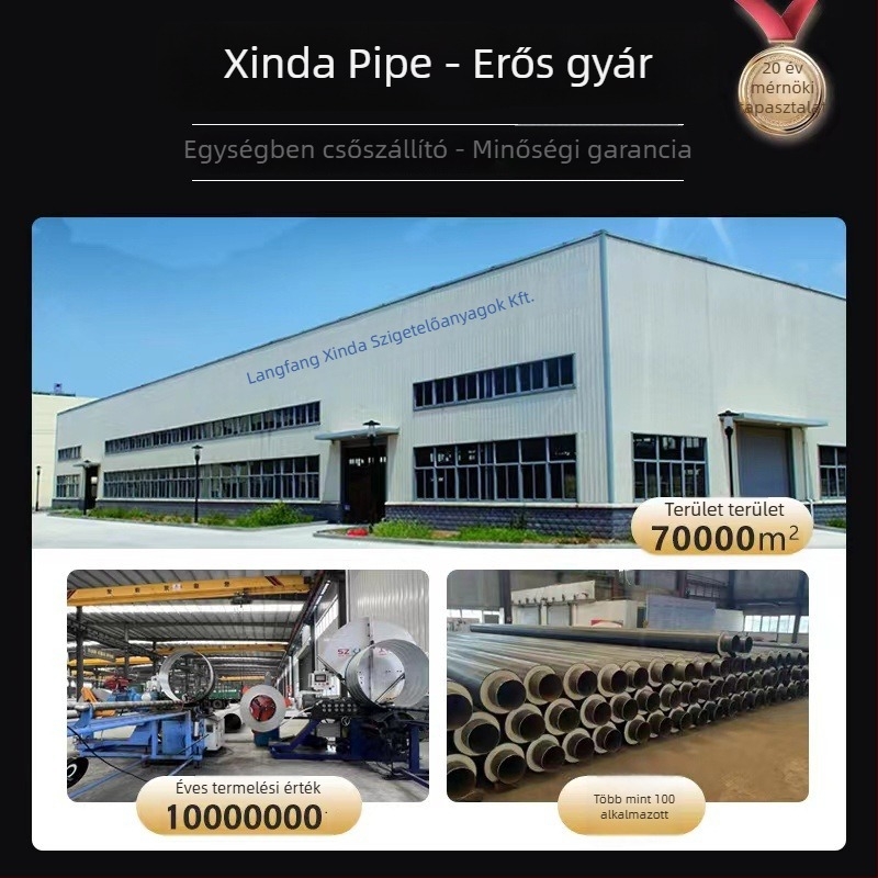 Poliuretán szigetelt acélcső acélmaggal; üzemeltetési hőmérséklet -60–140°C; hővezetési tényező 0,033 W/mK; nyomószilárdság ≥0,38