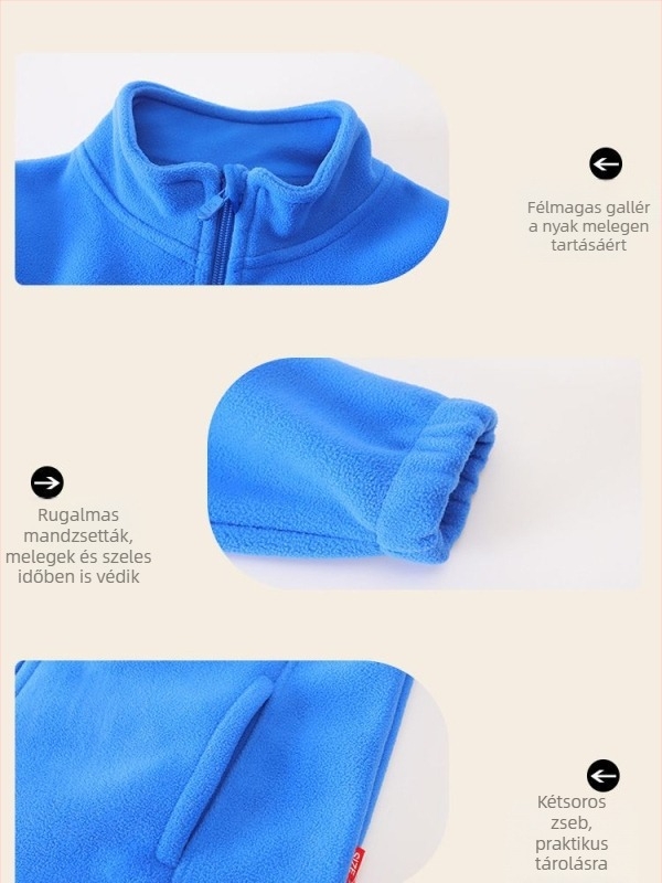 Gyerekeknek készült fleece-béléssel ellátott kabát, állógallér, cipzár, hosszú ujjú, 3–8 éveseknek