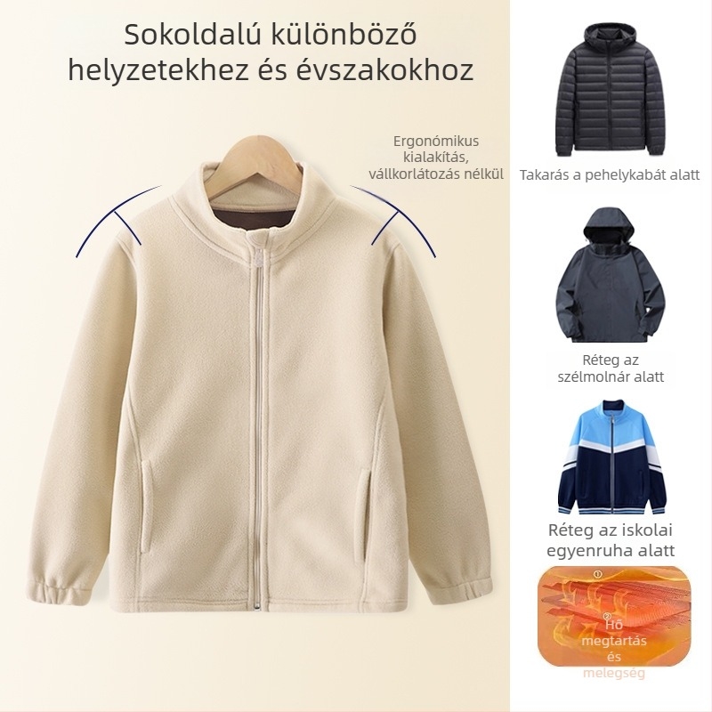 Gyerekeknek készült fleece-béléssel ellátott kabát, állógallér, cipzár, hosszú ujjú, 3–8 éveseknek