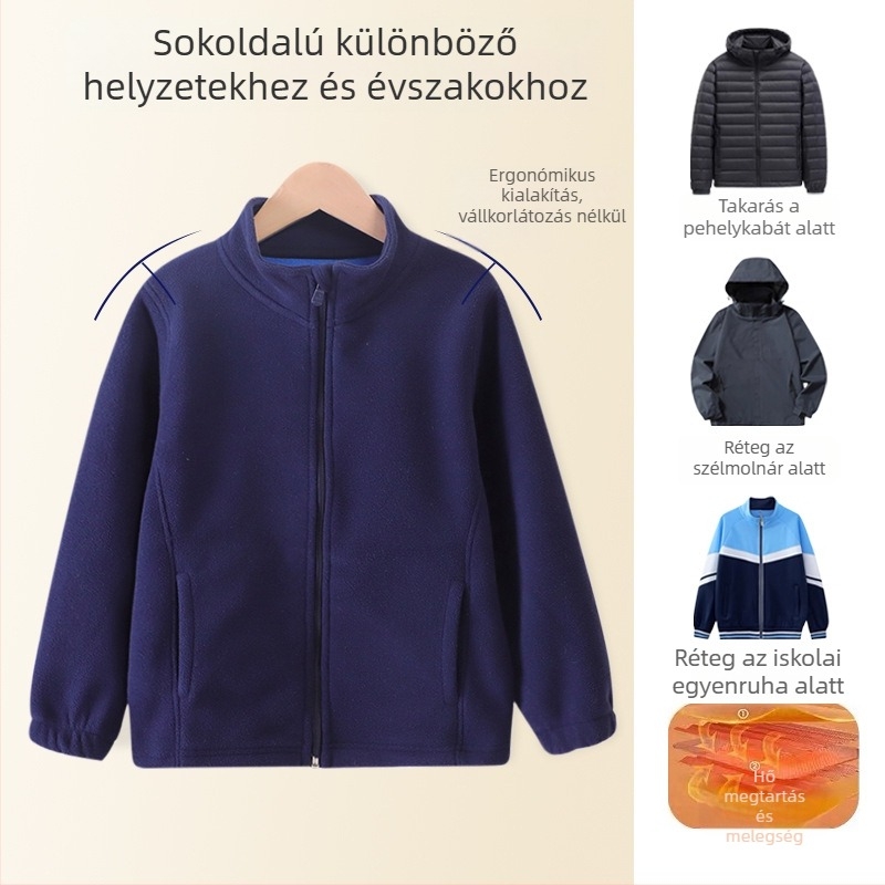 Gyerekeknek készült fleece-béléssel ellátott kabát, állógallér, cipzár, hosszú ujjú, 3–8 éveseknek