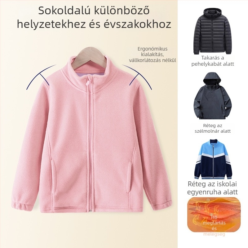 Gyerekeknek készült fleece-béléssel ellátott kabát, állógallér, cipzár, hosszú ujjú, 3–8 éveseknek