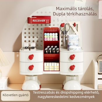 Asztali tároló doboz rekeszekkel, PP műanyag, 18 literes kapacitás, többfunkciós tároló nappaliba, dolgozószobába és hálószobába