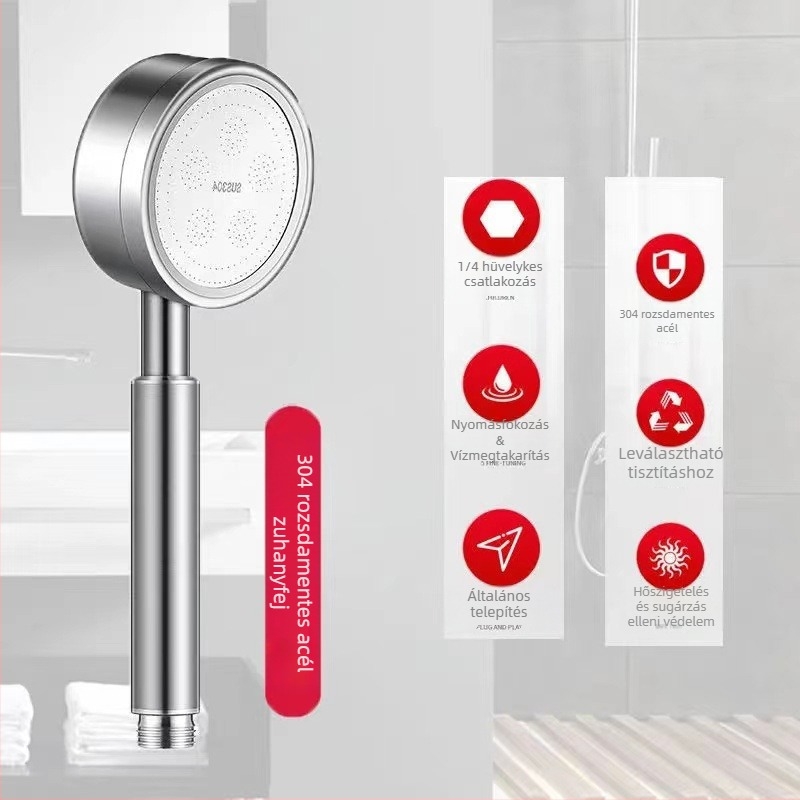 304 rozsdamentes acél zuhanyfej szett | kézi nyomású esőzuhany | manuális szerelés | kerek forma | Modell: 304 zuhanyfej