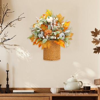 Műanyag őszi koszorú tökkel, nyuszifül-levelekkel és bogyós girlandával a bejárati ajtó dekorációjához, Zonghong márka