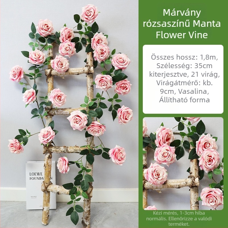 Fali akasztott dekoratív növénykosár művirágokkal, imitált rotán, esküvői otthon sorozat, félig kézi és félig gépi kivitel