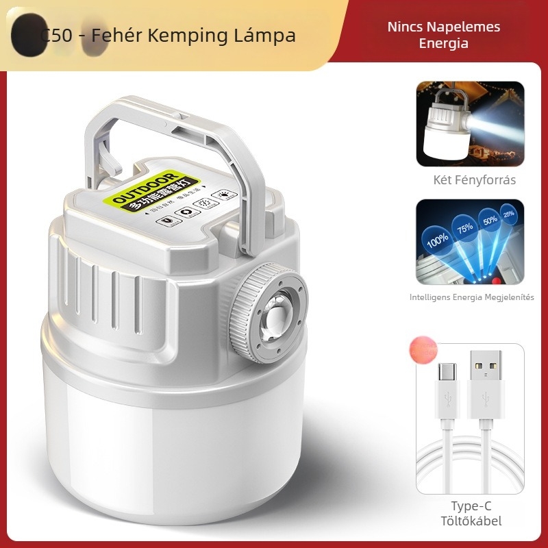 LED kempinglámpa, újratölthető, 3,7 V, 10 W, manuális kapcsoló