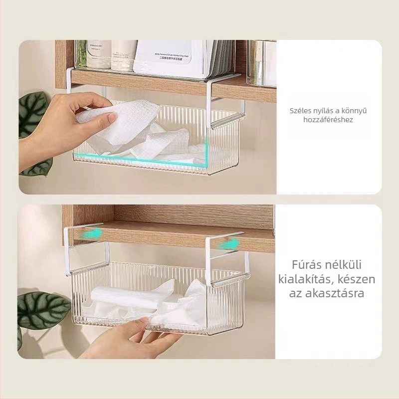 Asztal alatti függő tárolókosár – kampó típusú, átlátszó PET+vas, 1 réteg, többfunkciós