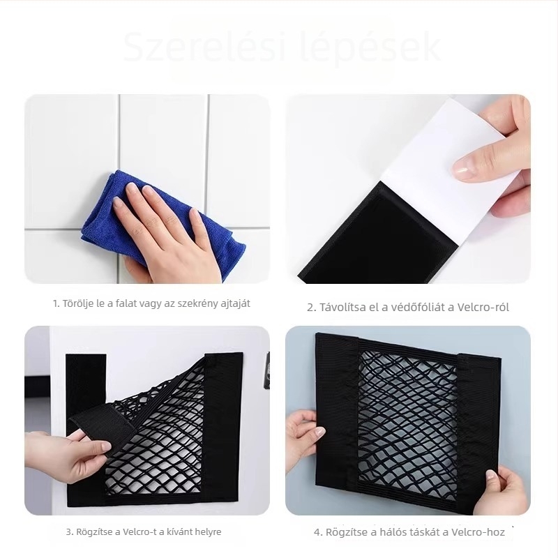 Velcro hálós tároló táska - falra szerelhető konyhai rendező, egyszerű és modern, többfunkciós tárolás