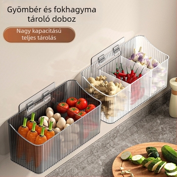 Átlátszó falra szerelhető tárolókosár fokhagyma, gyömbér és vöröshagyma számára – műanyag, lyukasztás nélküli, konyhai szervező