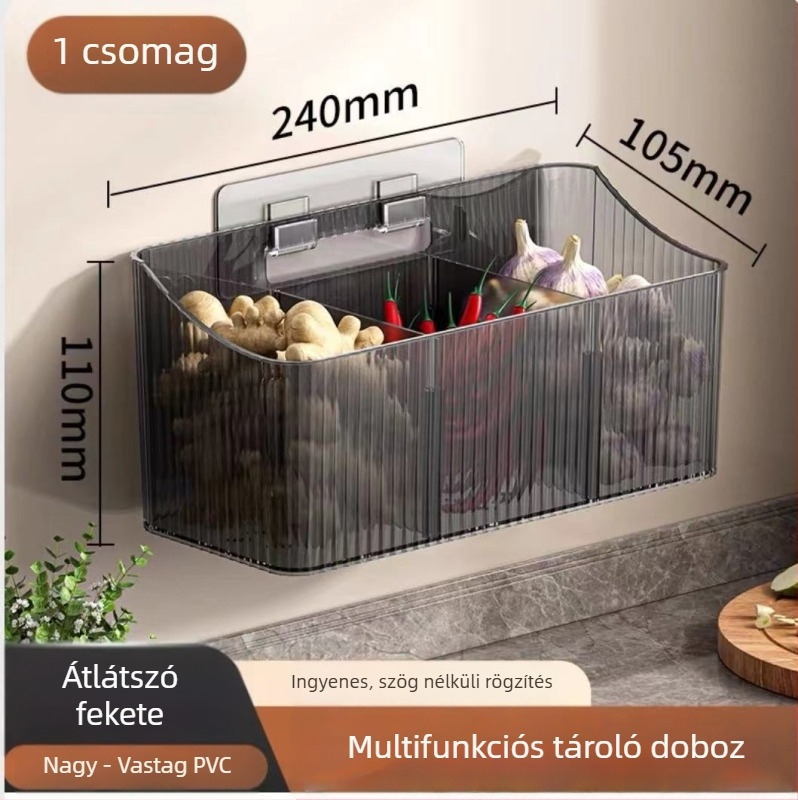 Átlátszó falra szerelhető tárolókosár fokhagyma, gyömbér és vöröshagyma számára – műanyag, lyukasztás nélküli, konyhai szervező