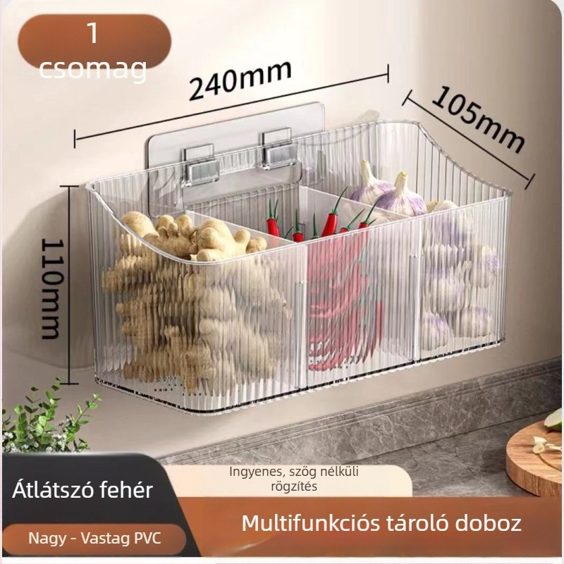 Átlátszó falra szerelhető tárolókosár fokhagyma, gyömbér és vöröshagyma számára – műanyag, lyukasztás nélküli, konyhai szervező