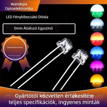 F5 szalmakalap stílusú, átlátszó LED világító gyöngyök; Működési feszültség 1.8-3.0 V; Áram 20 mA; Teljesítmény 0.06 W; Fényerő 5000-6000 mcd; Csip: Sanan