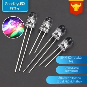 LED gyöngyök F5/5mm, átlátszó fej, többszínű villogás (gyors és lassú), fényerő (20 mA; 1.8–2.2 V; 0.06 W; CRI 80–90; fényáram 2000–3000 lm)