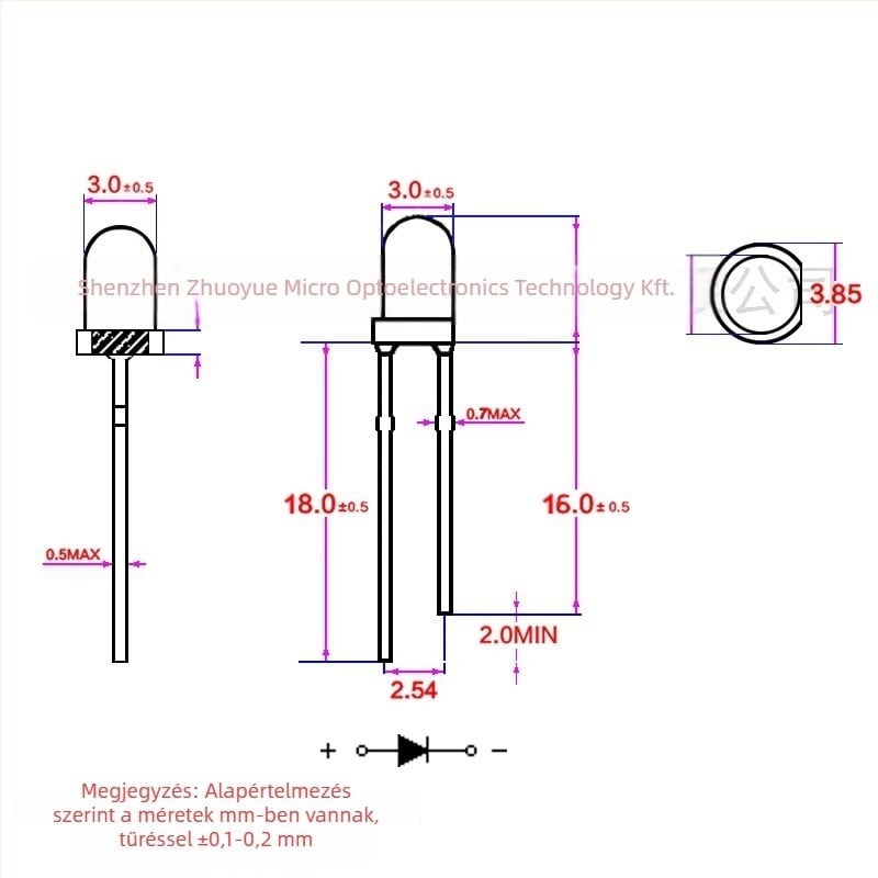 Közvetlen csatlakozású LED jelzőfény, 20 mA, 1.8–2.2 V, 0.06 W, Sanan chip, 30° látószög