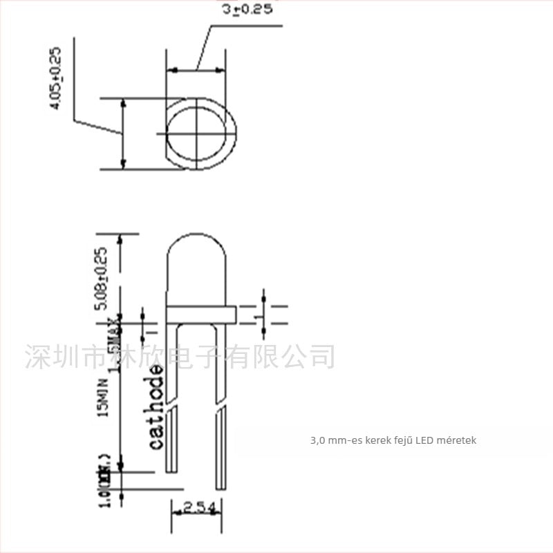 LED dugaszolható gyöngy, narancssárga, kerek fejű 3,0 mm, működési feszültség 2,0 V, áram 20 mA, hullámhossz 600–610 nm, 30° fénykori, San'an chip