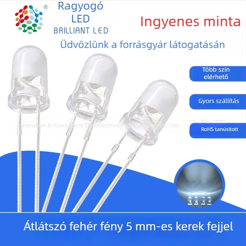 F5 LED lámpa gyöngy, 20 mA, 3.0–3.4 V, 0.06 W, 20° sugárzási szög, Sanan chip