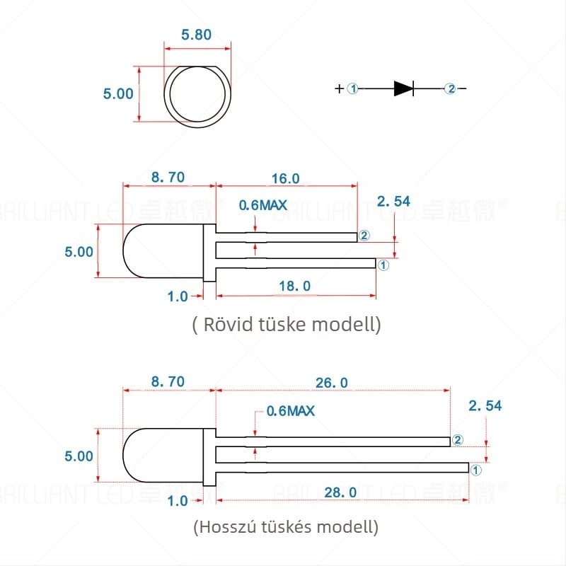 F5 LED lámpa gyöngy, 20 mA, 3.0–3.4 V, 0.06 W, 20° sugárzási szög, Sanan chip