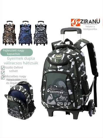 Gurulós iskolatáska fiúknak, általános iskola számára, Oxford anyag, csíkos minta, modell 5160#, terheléscsökkentés, vízálló, kopásálló, egyszerirányú kerekek