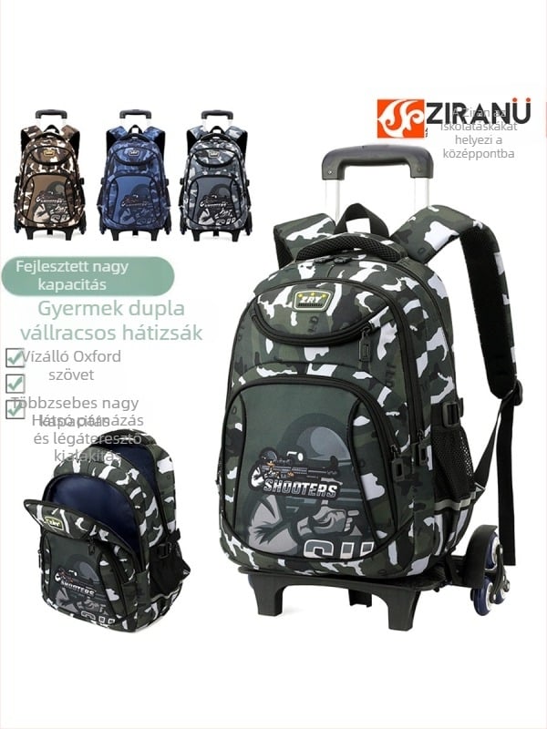 Gurulós iskolatáska fiúknak, általános iskola számára, Oxford anyag, csíkos minta, modell 5160#, terheléscsökkentés, vízálló, kopásálló, egyszerirányú kerekek