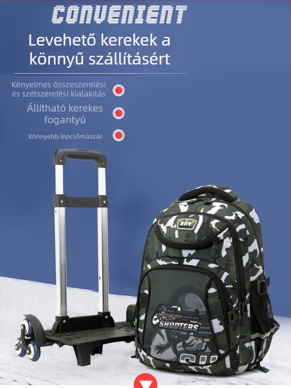 Gurulós iskolatáska fiúknak, általános iskola számára, Oxford anyag, csíkos minta, modell 5160#, terheléscsökkentés, vízálló, kopásálló, egyszerirányú kerekek