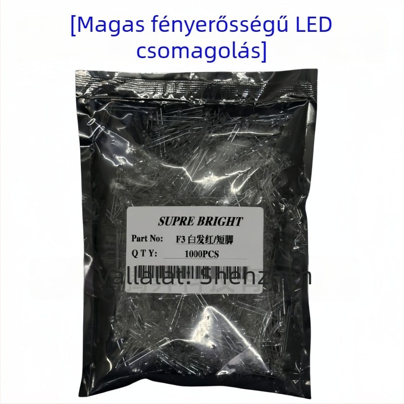 F3 LED gyöngyök – nagy fényerő, 20 mA, 1.8–2.2 V, 0.06 W, San'an chip, 30° sugárzási szög