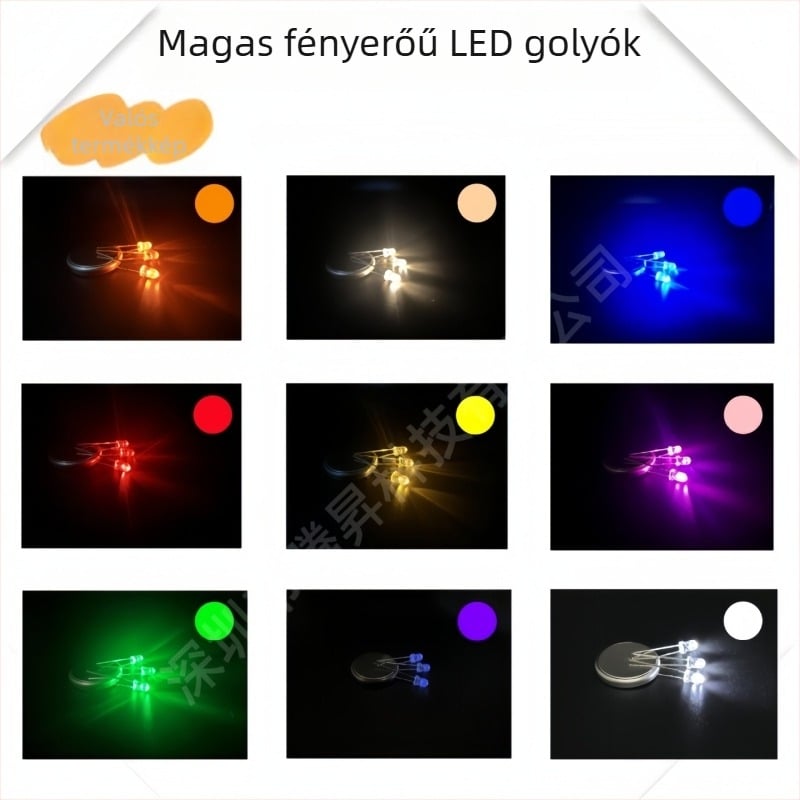 F3 LED gyöngyök – nagy fényerő, 20 mA, 1.8–2.2 V, 0.06 W, San'an chip, 30° sugárzási szög