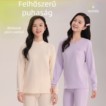 Lányoknak készült 100% pamut termikus pizsama készlet – kerek nyakú felső és nadrág, 8 éves kortól, melegen tart