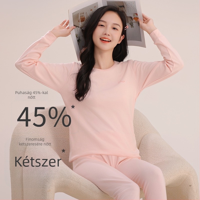 Lányoknak készült 100% pamut termikus pizsama készlet – kerek nyakú felső és nadrág, 8 éves kortól, melegen tart