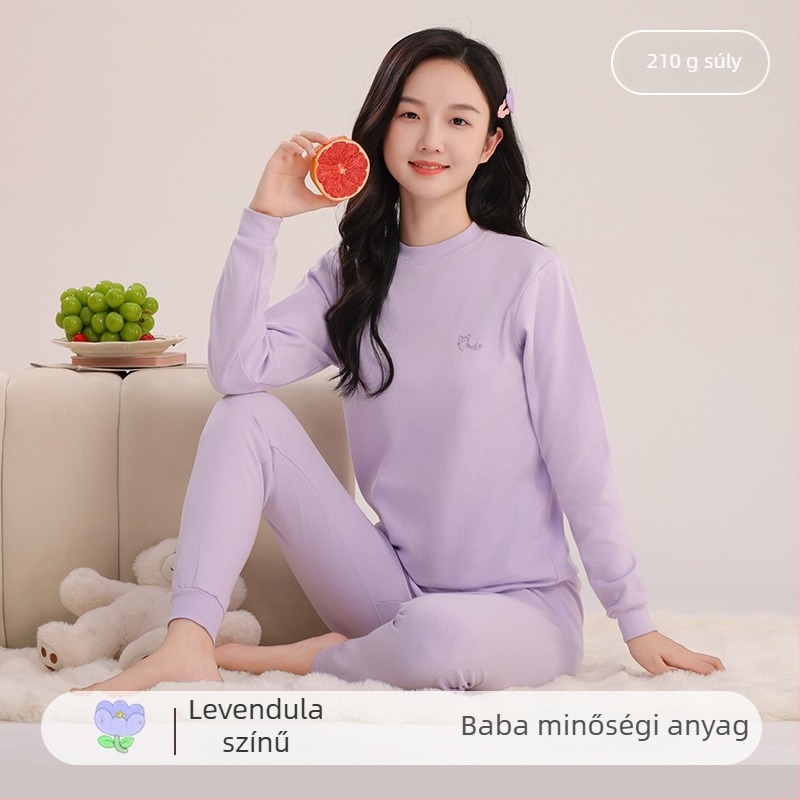 Lányoknak készült 100% pamut termikus pizsama készlet – kerek nyakú felső és nadrág, 8 éves kortól, melegen tart