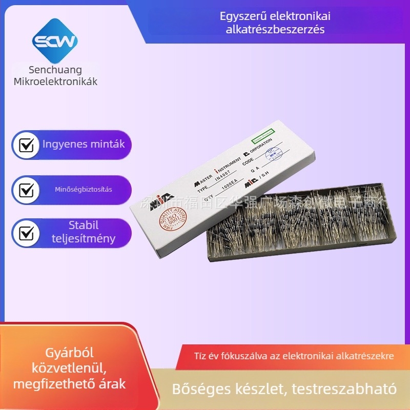 Egyenirányító dióda 1N4007, DO-41 tokozás, 1 A, 1000 V, XKETE, világítástechnikai elektronika számára