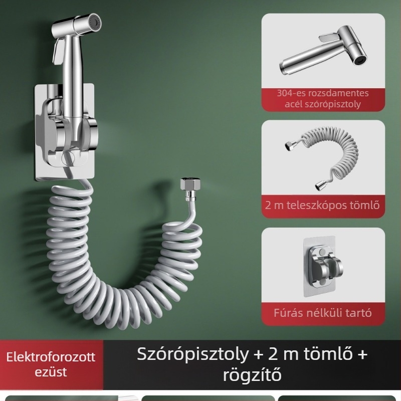 Kézi rozsdamentes acél permetezőpisztoly, 3 részes készlet, univerzális csatlakozó, csavaros felszerelés, nyomás 0–60, hőmérséklet 0–60°C, fürdőszoba és WC