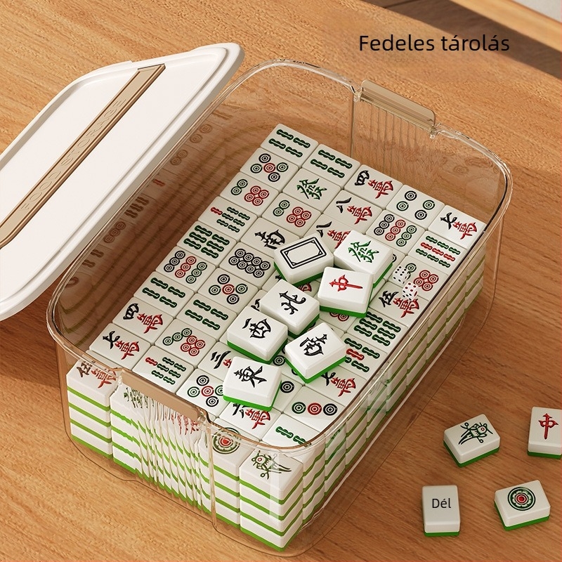 Nagy kapacitású Mahjong tároló doboz – átlátszó, hordozható, négyszögletes asztali tároló fedéllel, 12 literes kapacitás, PP műanyag, porálló, japán stílus