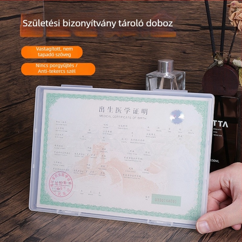 Baba születési anyakönyvi kivonat tartó doboz – PP, penészmentes, rakható, nagy méret